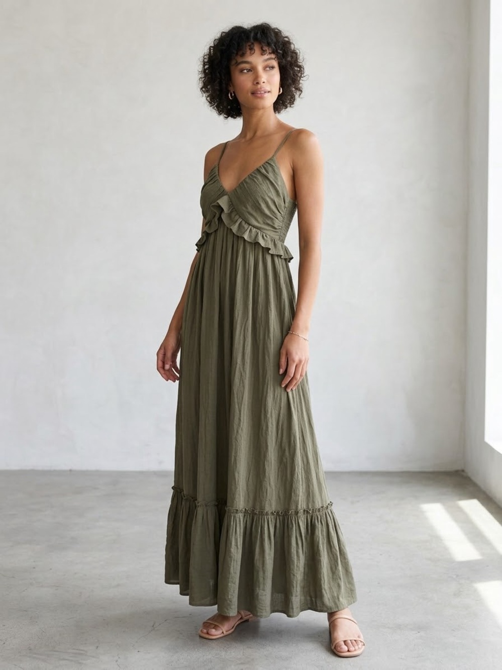 Vici Olive Maxi Dress with Ruffled Empire Waist size small
